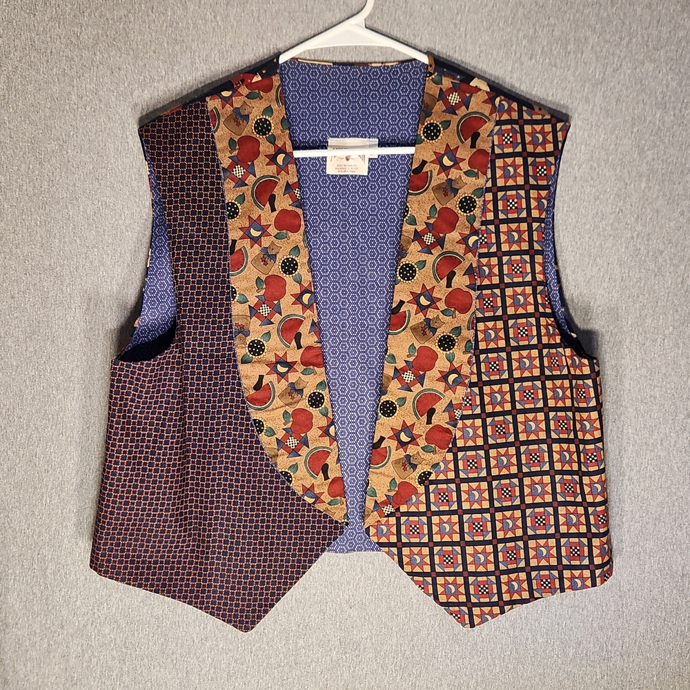 Vtg L Americana Patchwork Quilt Print Vest Cats Apples Teacher Usa Cottagecore
